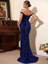LOVE&LEMONADE Off Shoulder Ruffle Trim Split Thigh Sequin Prom Dress